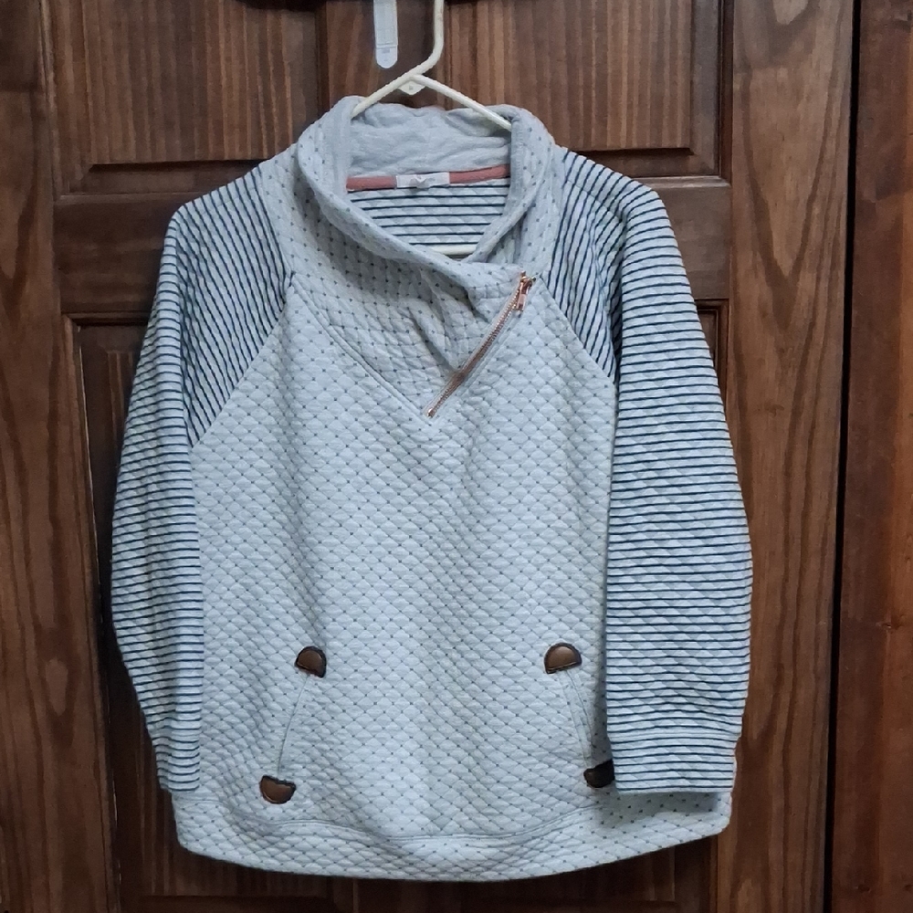 Maurices Ivory Top with Navy Stripes and Coral Trim